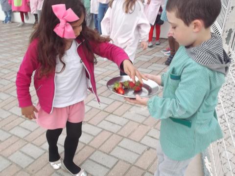 As crianças a comerem os primeiros morangos, muito docinhos.